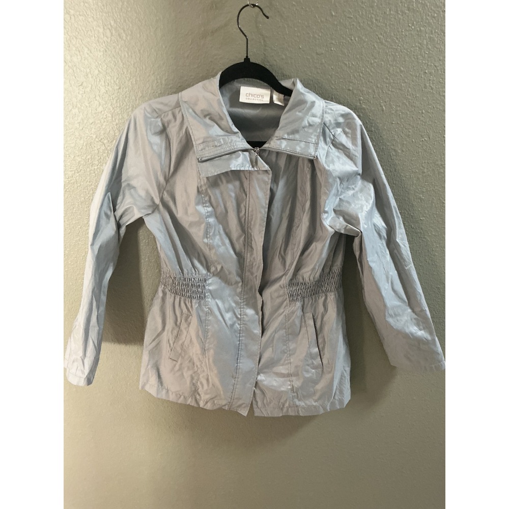 Chico's Collection Utility Jacket Womens 1 M Silver Blue Excellent Shimmer